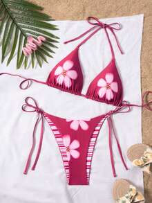 Swim SXY 两件套，夏季紫红色花卉印花双面三角挂脖系带露背性感可爱女士沙滩派对热带比基尼泳装 - 彩色 - 查看 5