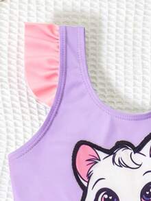 SHEIN GraphicGems Infant/Baby GirlSwimsuit, Cute Cat Applique Print Ruffle One-Piece Swimwear, Suitable For Summer Vacation, Beach, Swimming Pool - Purple - View 4
