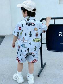 Bộ 2 món kiểu Hàn Quốc dễ thương dành cho bé trai, gồm áo khoác cardigan cổ polo tay ngắn và quần short màu trơn, họa tiết hoạt hình, thích hợp cho dã ngoại, đi học, mùa xuân/hè. - Màu xanh lam - Xem 2