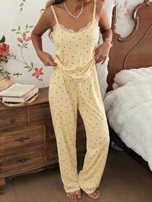 CottageSlumber Women's Sleepwear Set,Yellow Heart Print Knitted Ribbed Contrast Lace Camisole And Long Pants, Cute Chic Summer Sleep Stylish Sweet Pajamas Set - Apricot - View 3