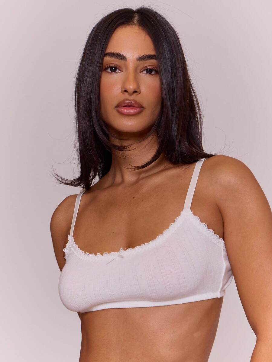 MUSERA ESSENTIALS Pointelle Lace Trim Bow Front Scoop Neck Bralette Coord Top Only Cute Sexy Daily Everyday Underwear Lingerie Spring Summer Vacation Essential - White - View 1