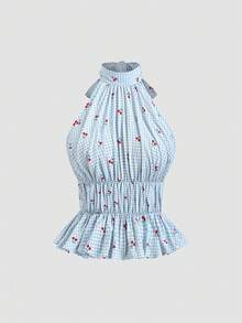 Sunnyshic 女士春夏休闲度假时尚日常百搭派对通勤泡泡褶皱格纹樱桃印花腰部褶皱系带蝴蝶结无袖衬衫上衣 - 彩色 - 查看 4