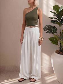 SHEIN PETITE Quần trắng cho mùa xuân và mùa hè: Lãng mạn, thanh lịch, thoải mái và hoàn hảo cho kỳ nghỉ. Phong cách, đa năng và tinh tế. Kiểu dáng cổ điển phù hợp cho việc đi làm. Thời trang và độc đáo. - trắng - Xem 5