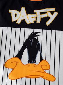 LOONEY TUNES X SHEIN 男童休闲时尚街头日常通勤卡通拼接条纹印花短袖T恤，夏季 - 白色 - 查看 6