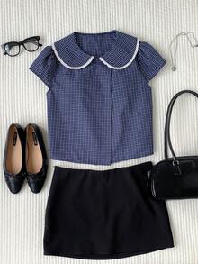 Comfortcana Áo sơ mi nữ kẻ caro, kiểu dáng thường ngày, đa năng. - Xanh và trắng - Xem 3