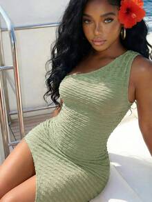 Slaydiva 早春新款、春夏音乐节、情人节、复活节、波西米亚风、游牧风、休闲、简约基础款、邮轮派对、生日派对、日常约会、休闲度假、优雅通勤、单肩、露肩、侧开衩、修身长裙、浅黄色连衣裙、女士长裙 -A - 薄荷綠 - 查看 4