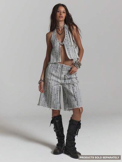 MUSERA Printed Frayed Edge Denim Shorts Jorts Sexy Summer Spring Rave Festival Holiday Vacation Party Going Out Serpent