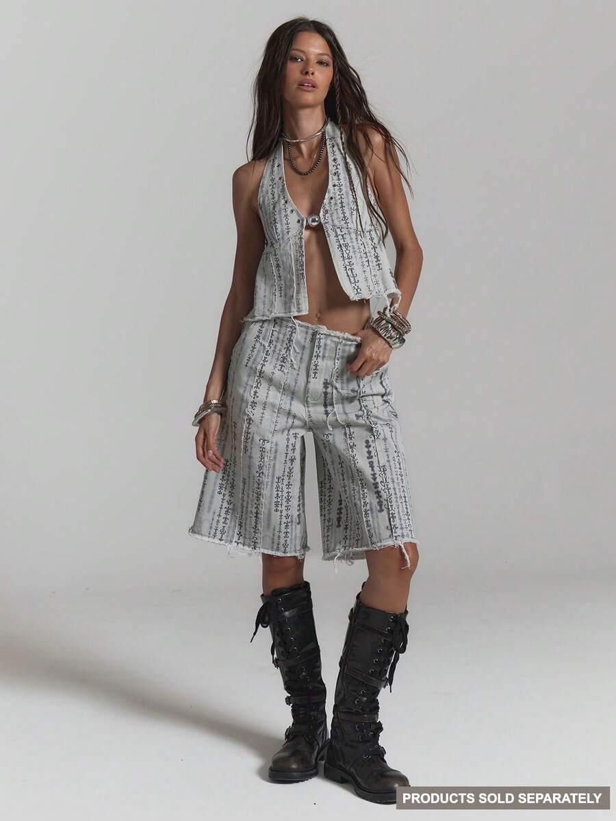 MUSERA Pantalones cortos vaqueros con estampado y bordes deshilachados, sexy para verano, primavera, festivales, vacaciones, fiestas y salidas - Gris - Ver 1