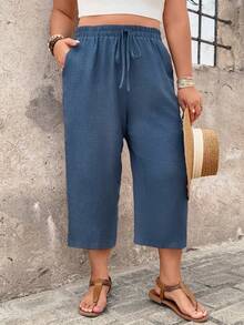 Breezaya Plus Size Women Casual Pants, Comfortable Textured 3/4 Pants, Spring/Summer Countryside Vacation - Blue - View 1