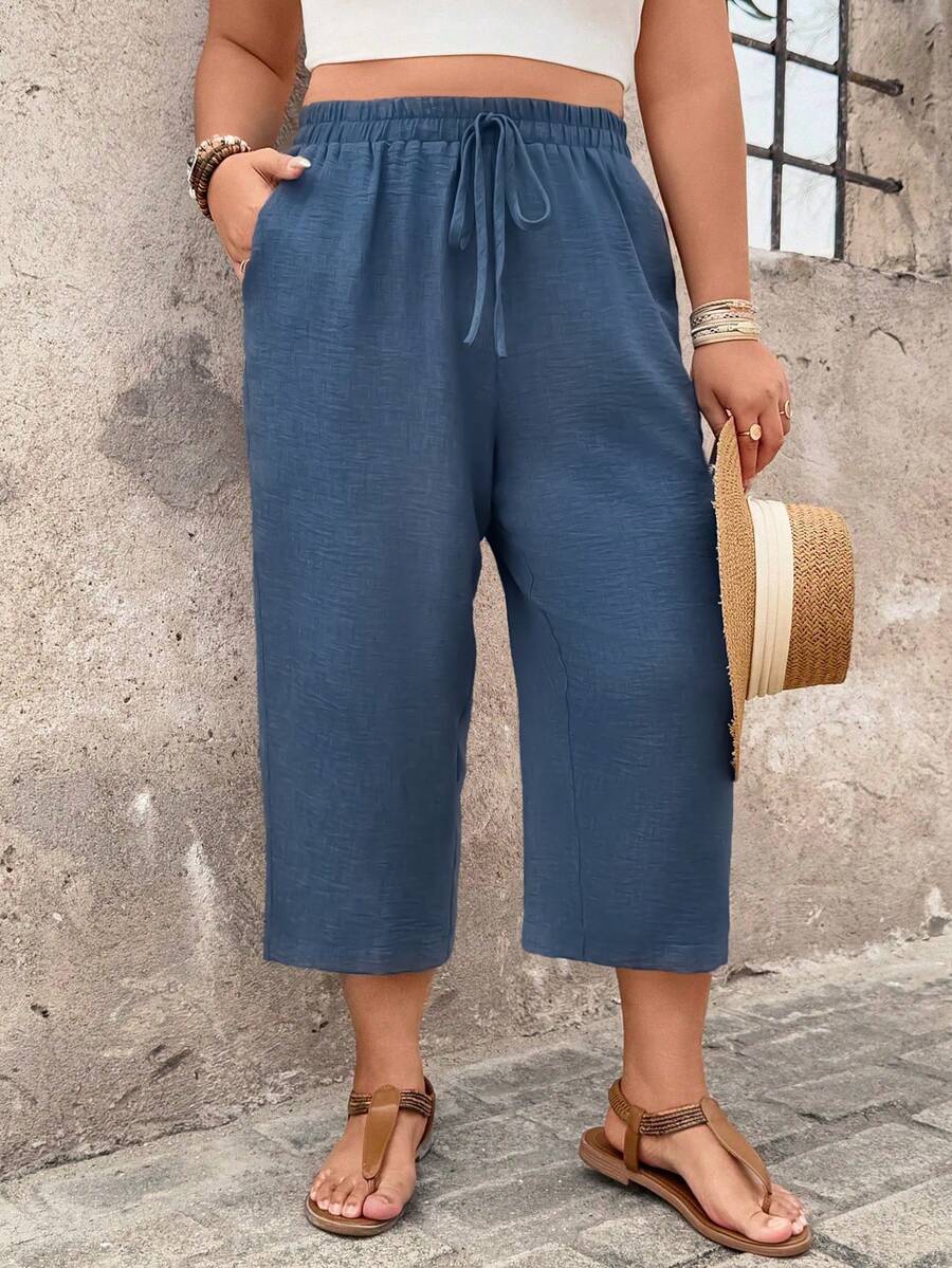 Breezaya Plus Size Women Casual Pants, Comfortable Textured 3/4 Pants, Spring/Summer Countryside Vacation - Blue - View 1