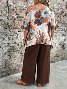 EMERY ROSE Plus Size Women's 2-Piece Set, Tropical Leaf Print Asymmetric Shoulder Top Long Straight Pants, Chocolate Brown Summer Boho Vacation Outfit - Coffee Brown - View 2