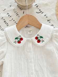 SHEIN LMoss Kids 少女編織素色彼得潘領刺繡休閒襯衫 - 白色 - 查看 3