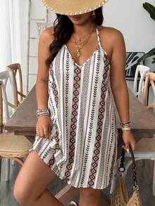 SHEIN VCAY Vestido de playa con cuello en V, sin espalda y estampado de rayas para tallas grandes - Azul y blanco - Ver 3