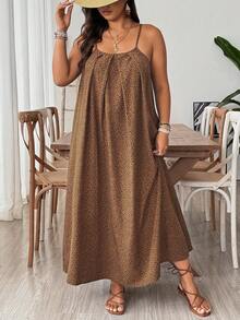 SHEIN VCAY Vestido de alças feminino plus size com estampa de leopardo, estilo férias, vestido de verão feminino - Castanho - Ver 5