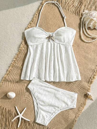 SHEIN Conjunto de traje de baño de 2 piezas con top halter y top triangular con decoración metálica para niña preadolescente