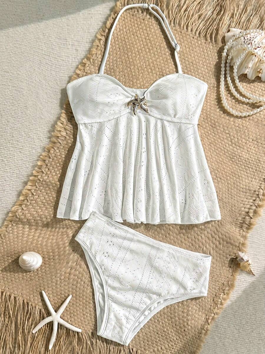 SHEIN Bộ đồ bơi 2 mảnh dành cho bé gái tuổi teen, gồm áo tankini buộc dây cổ và áo tankini tam giác, có họa tiết kim loại. - Màu vàng - Xem 1