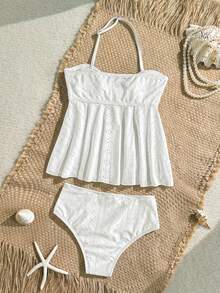 SHEIN Bộ đồ bơi 2 mảnh dành cho bé gái tuổi teen, gồm áo tankini buộc dây cổ và áo tankini tam giác, có họa tiết kim loại. - Màu vàng - Xem 2