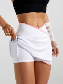 SHEIN Rhythm Era Rok celana olahraga pas badan, kasual, serbaguna, model pinggang silang, warna kontras, dan berdesain pas badan. - MultiWarna - View 4