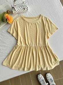 Comfortcana Plus Size Women Summer Casual Solid Color Short Sleeve Top Gym Brown - Yellow - View 5