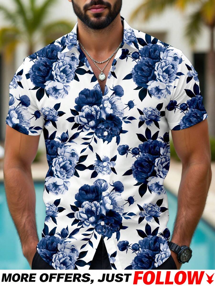 VIVINTIMO Chemise à manches courtes slim fit avec imprimé floral, style décontracté et mature, idéale pour les vacances, les sorties d'été et les occasions entre couples. Excellent cadeau pour le petit ami. Chemise fleurie, hawaïenne, parfaite pour les vacances. - Blanc - Voir 1