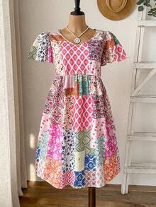Rusticease Plus Size Women Round Neck Short Sleeve Ruffle Ditsy Floral Dress Summer Outfit For Festival Outfits Beach Vacation Holiday Country Concert Pink - Multicolor - View 3