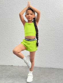 SHEIN 2pcs Young Girl Knitted Solid Color Letter Elastic Waist Vest And Shorts Sports Set - Green - View 2