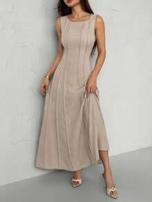 SHEIN PETITE Đầm dài bằng vải lanh mới cho nữ, đầm chữ A xẻ tà xếp ly, đầm dài thanh lịch, đầm hè cho nữ mặc đi nghỉ mát, đầm dài suông giả vải lanh, trang phục công sở thường ngày cho nữ, quần áo mùa thu dự tiệc hè cho nữ - Màu be - Xem 3