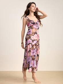 Hourtrue Floral Print Ruffle Trim Mesh Cami Pajama Nightdress Long Dress Perfect For Summerfor Summer - Black - View 5