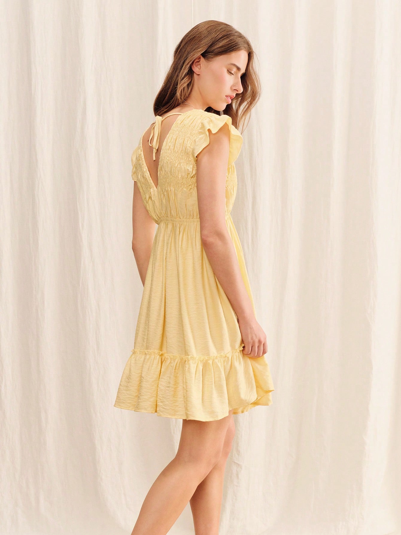 Butter Yellow Mini Summer Boho Smock Dress Ruffle Sleeves Button Front And Open Back Detail Spring Holiday V Neck French Style Loose