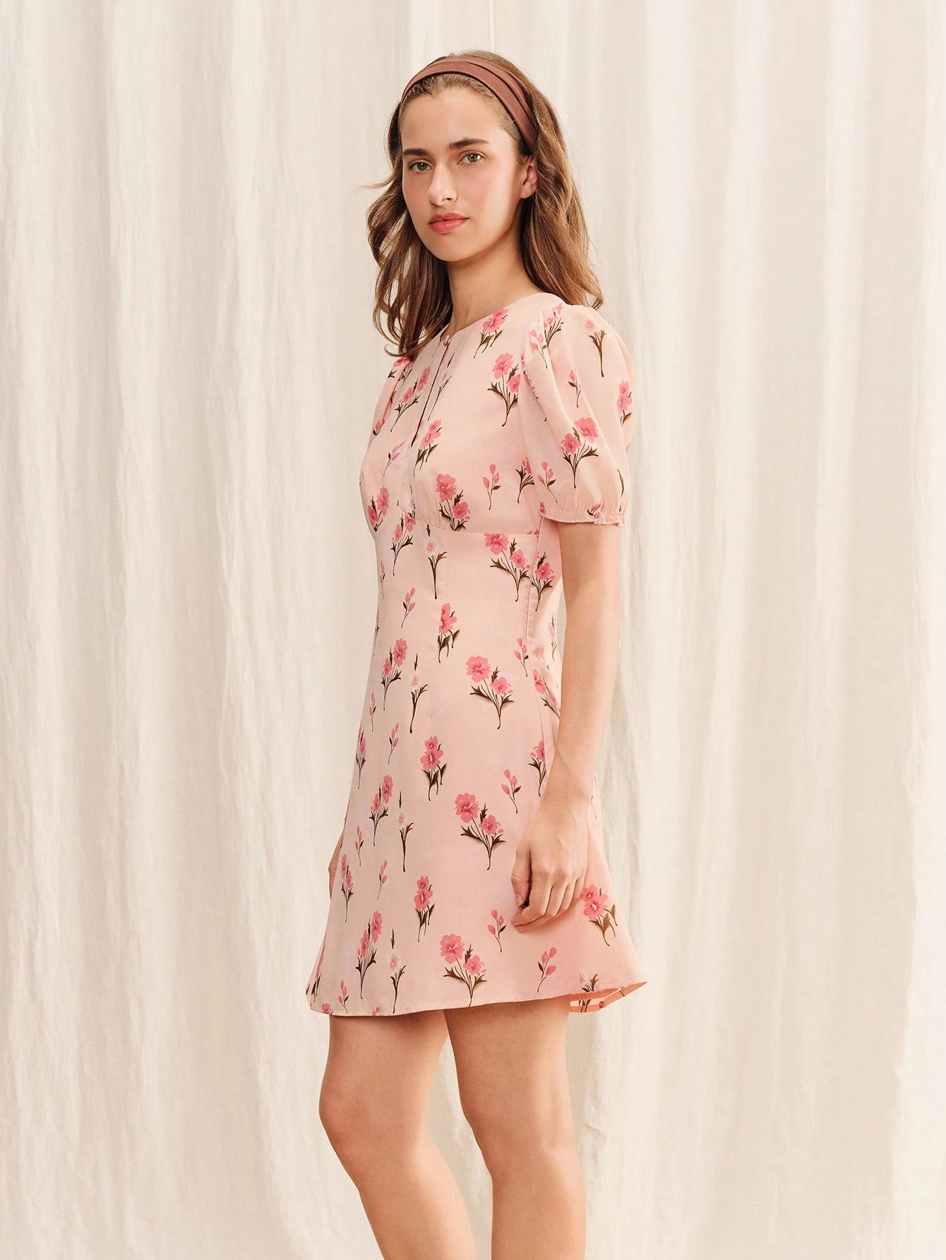 Pink Floral Print A-Line Mini Dress With Puff Sleeves And A Keyhole Cutout Cute Chic Dress Summer Dress Casual Vacation Outfit French Style Dress