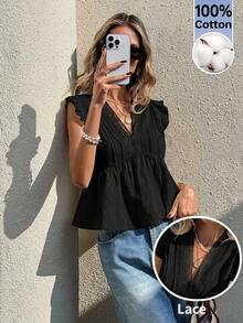Serisse Blusa de verano holgada con cuello en V, mangas cortas y volantes en el bajo - Negro - Ver 7