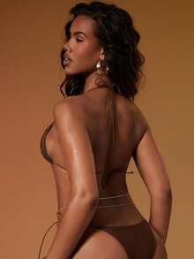 Hauture Women's Rivet Decor Triangle Cup Bikini Top,Chocolate Brown Gold Studs Backless Tie-Front Swimwear,Summer Transparent Beach Party Holiday Wear - Brown - View 2