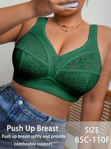 DesireSculpt 1pc Plus Size Lace Patchwork Wireless Bra - Army Green - View 5
