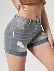 Jeanoix Quần short denim nữ dáng suông, có túi, ống rộng. - Màu xanh lam - Xem 4