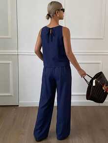 Conjunto de 2 piezas de top de tirantes finos a rayas y pantalones para mujer, conjunto de prendas de estar en casa para mujer - Azul marino 7 - Ver 5
