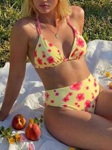 Swim Mod Plus Size Women 2pcs Floral Print Spaghetti Strap Sexy Beach Vacation Bikini Swimwear - Multicolor - View 3