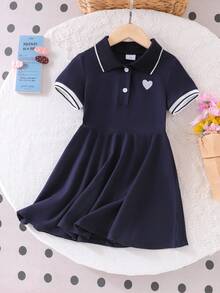 Elladie kids 女童翻领爱心印花Polo衫连衣裙，藏蓝色短袖针织收腰连衣裙，学院风可爱夏日连衣裙 - 寶藍色 - 查看 4