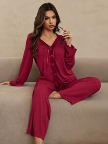 HautHeat Women's Lace Patchwork Tie-Up Single-Breasted Long Sleeve Top And Pants Casual Loungewear Set - Burgundy - View 4