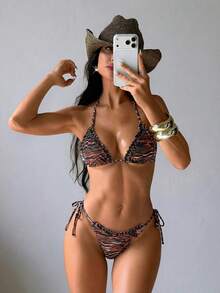 Swim SXY Sexy Tiger Print Micro Triangle Spaghetti Strap Halter Bikini Top, Tie Side Triangle Bottoms, And Ruffle Mesh Skirt 3-Piece Swimwear Set Beach - Multicolor - View 8