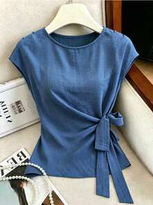 Elenzga Blusa ajustada elegante de mujer con cuello redondo azul, puños con lazo y drapeado, para primavera/verano - Azul - Ver 3