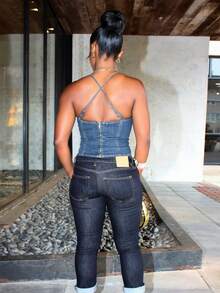 Steph T Áo denim thường ngày hở lưng dây mảnh cổ yếm cho nữ, không tay, khóa kéo chéo sau lưng - Rửa tối - Xem 2
