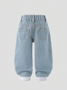 SHEIN Playful Pals Quần jean ống rộng cạp chun cho bé gái - Rửa nhẹ - Xem 2