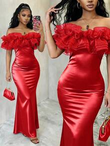 SHEIN Raffinéa Vestido de sirena ajustado de unicolor elegante con parches de satén, hombros descubiertos y malla brillante para mujer, primavera/verano - Rojo - Ver 5