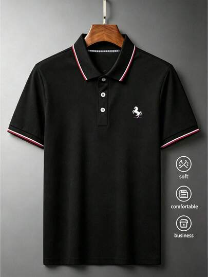 Airaco Men's Striped Horse Print Short Sleeve Casual Commuter Polo Shirt