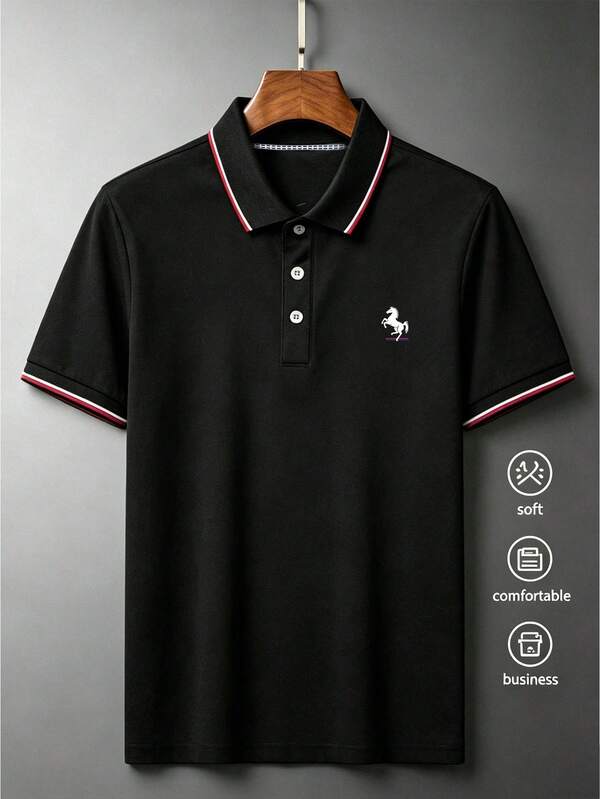 Airaco 男士条纹马匹印花短袖休闲通勤 Polo 衫