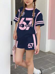 2pcs Tween Girls Casual Minimalist Digit 67 Print Short Sleeve Top And Shorts Set, Suitable For Summer - Multicolor - View 5