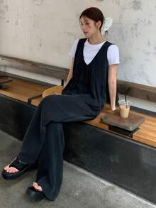 DAZY 女士纯色韩版无袖上衣和宽松阔腿裤两件套家居服套装，夏季短款套装 - 灰色 - 查看 6
