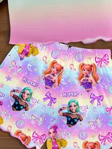 Young Girl Cartoon Dopamine Colorful Ombre Casual Minimalist Camisole And Shorts Set, Suitable For Summer - Multicolor - View 4