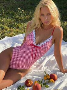 Swim Mod 26SS Spring/Summer Cute Strawberry Plaid Ruffle V-Neck One-Piece Swimsuit For Women Vacation Red Cute - Multicolor - View 3