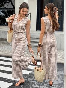 Serisse Bộ áo liền quần không tay cổ chữ V in họa tiết kẻ caro dành cho nữ - Nhiều màu - Xem 2
